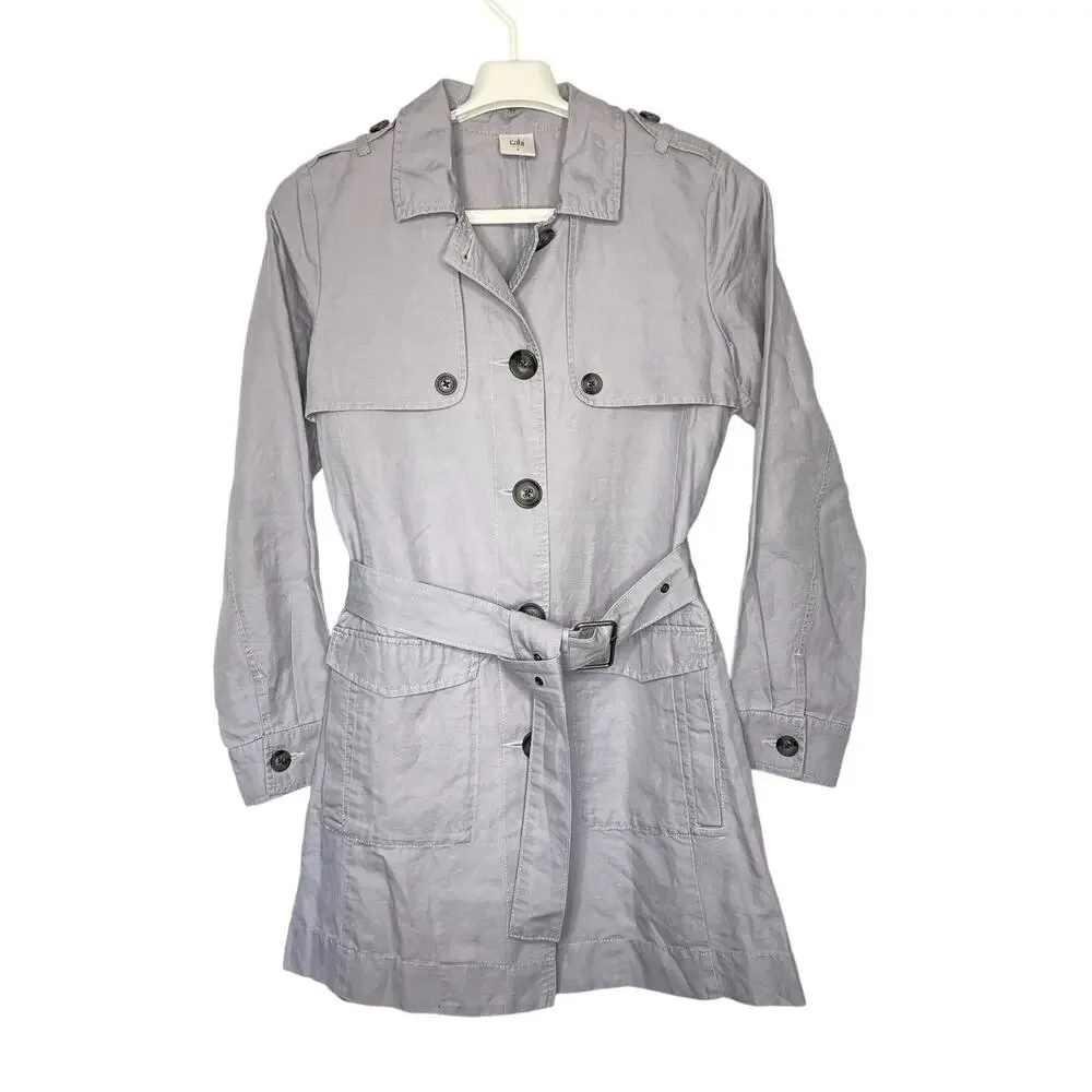 Cabi Tanner Trench Coat Linen Cotton Blend in Silver Lake Size Small